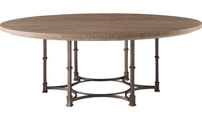 Round sandblasted pine dining table with metal base