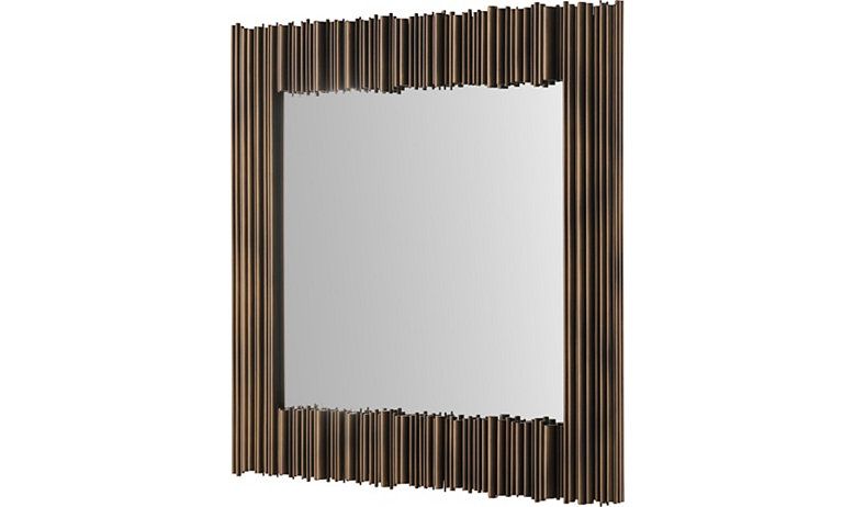 Square mirror framed in vertical stainless rods