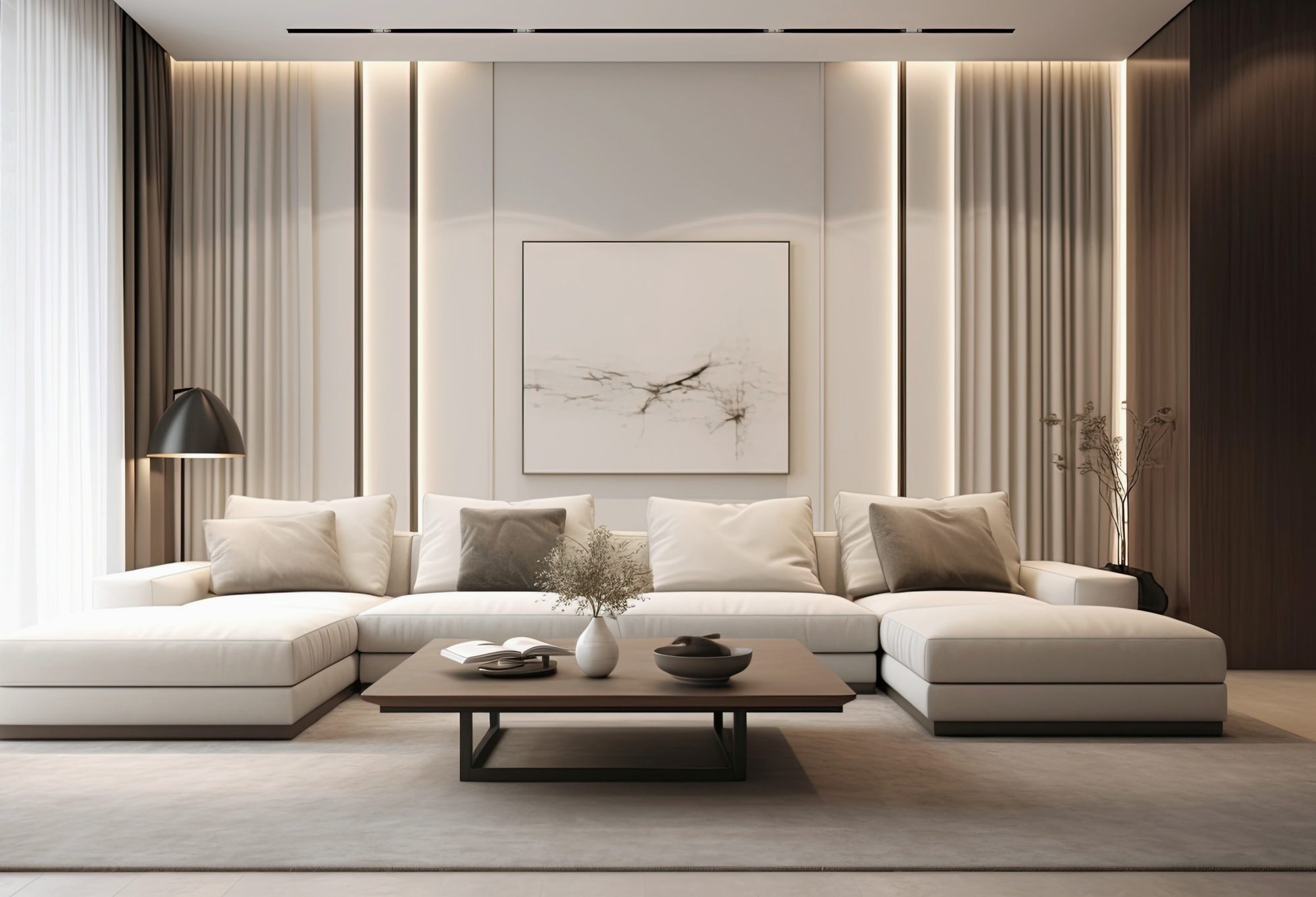 Light, airy living room with a cream sectional and sheer drapery