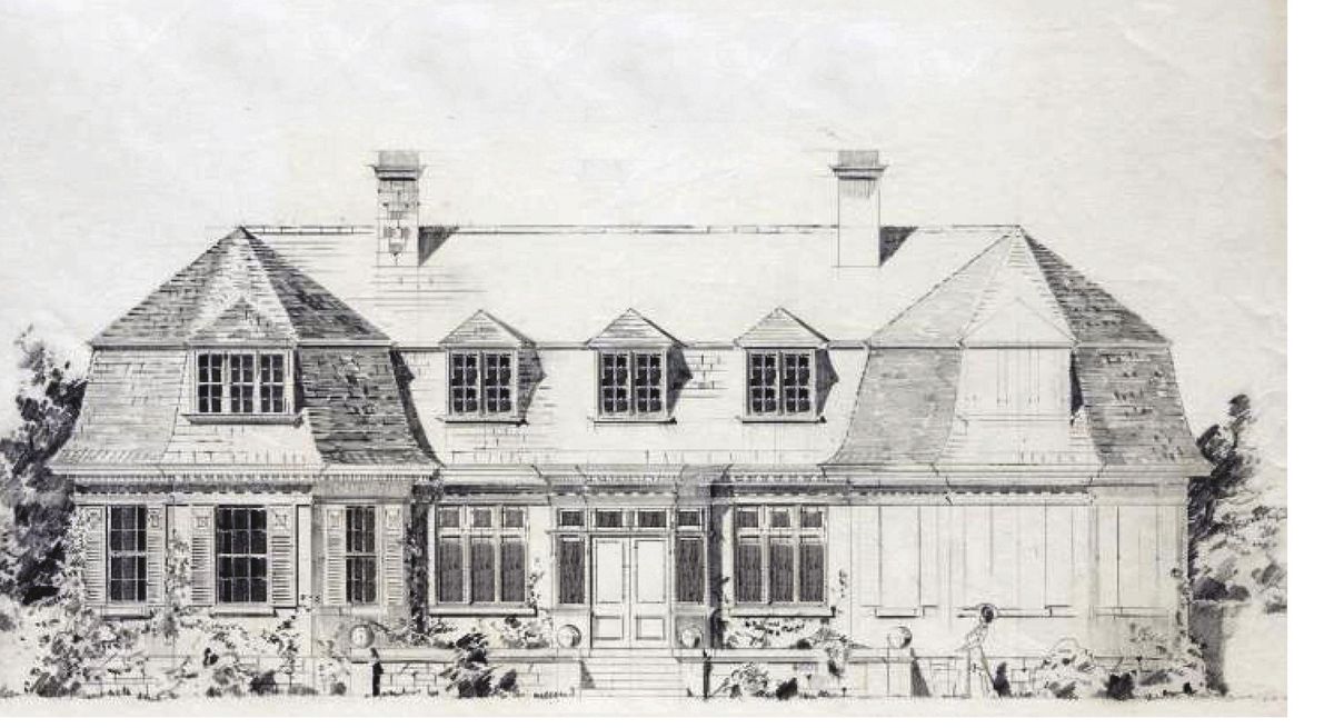 Architectural elevation sketch of a gambrel-roofed house
